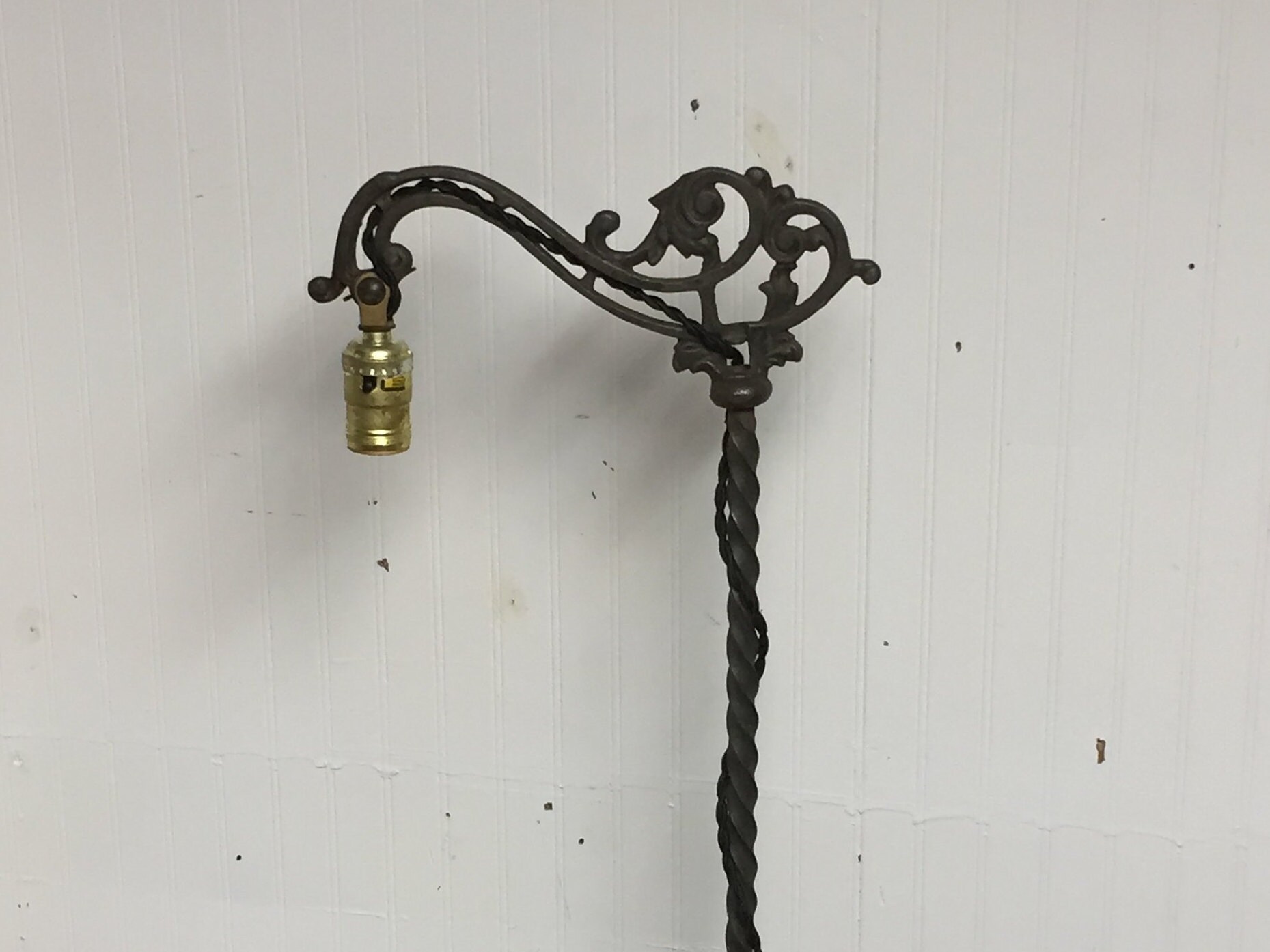 Antique 1920's Black Cast Iron Bridge Arm Floor Lamp with an Ornate