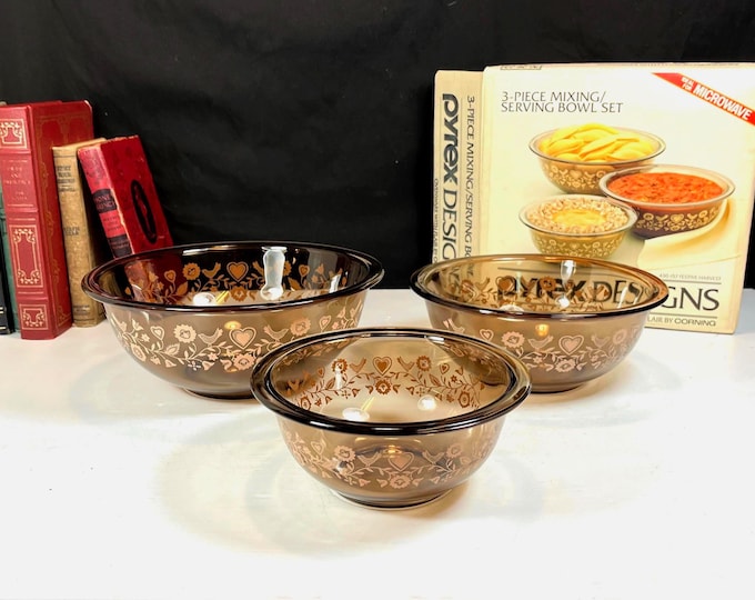 Featured listing image: 1980's Pyrex Festive Harvest Mixing Bowl Set In Box