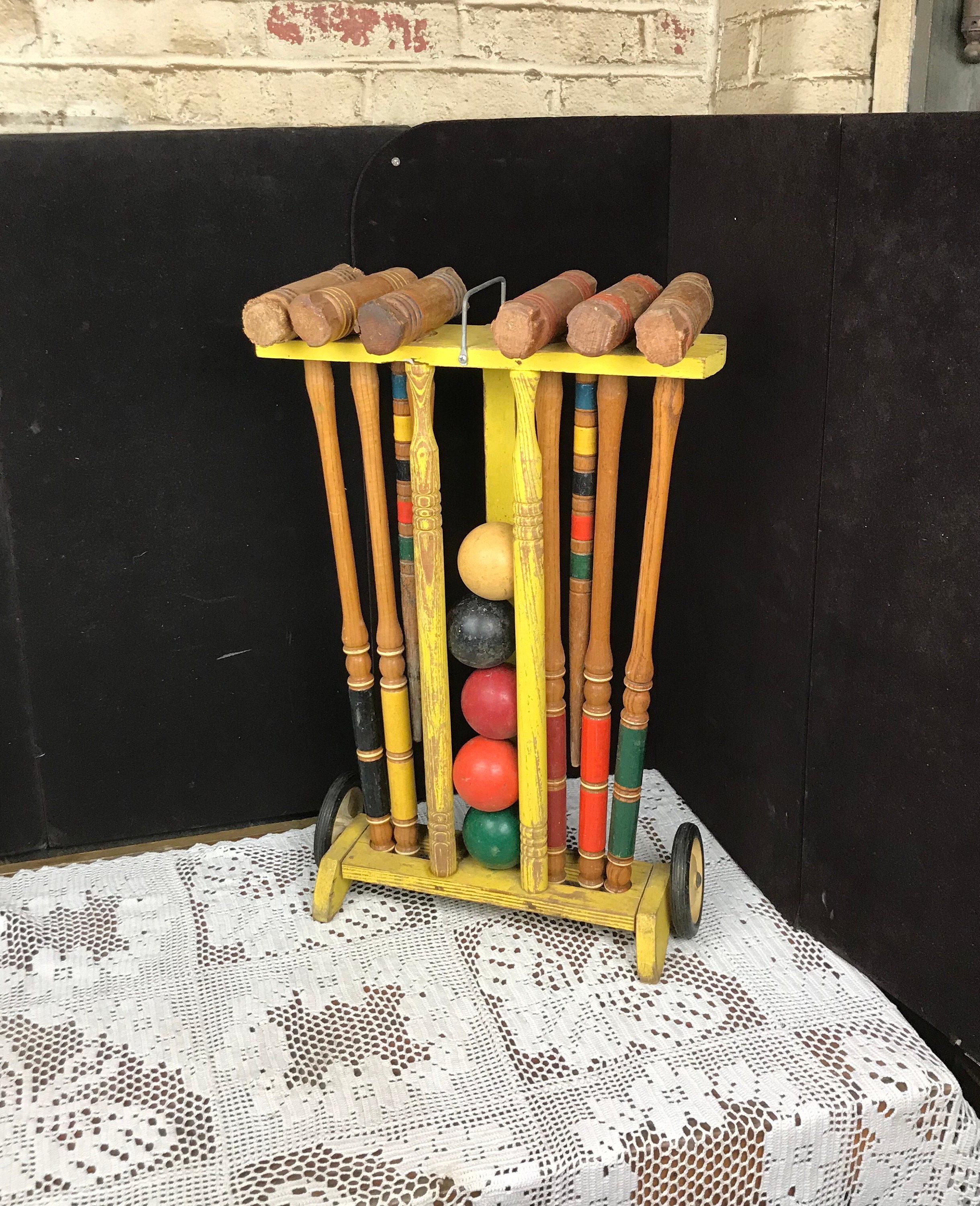 Vintage Wooden Croquet Set with Storage Rack, 6 Player, With Mallets