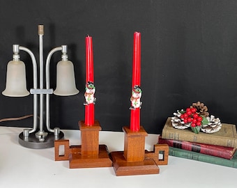 Handmade, Mid Century Modern, Wooden Candle Holders with Snowman Candles