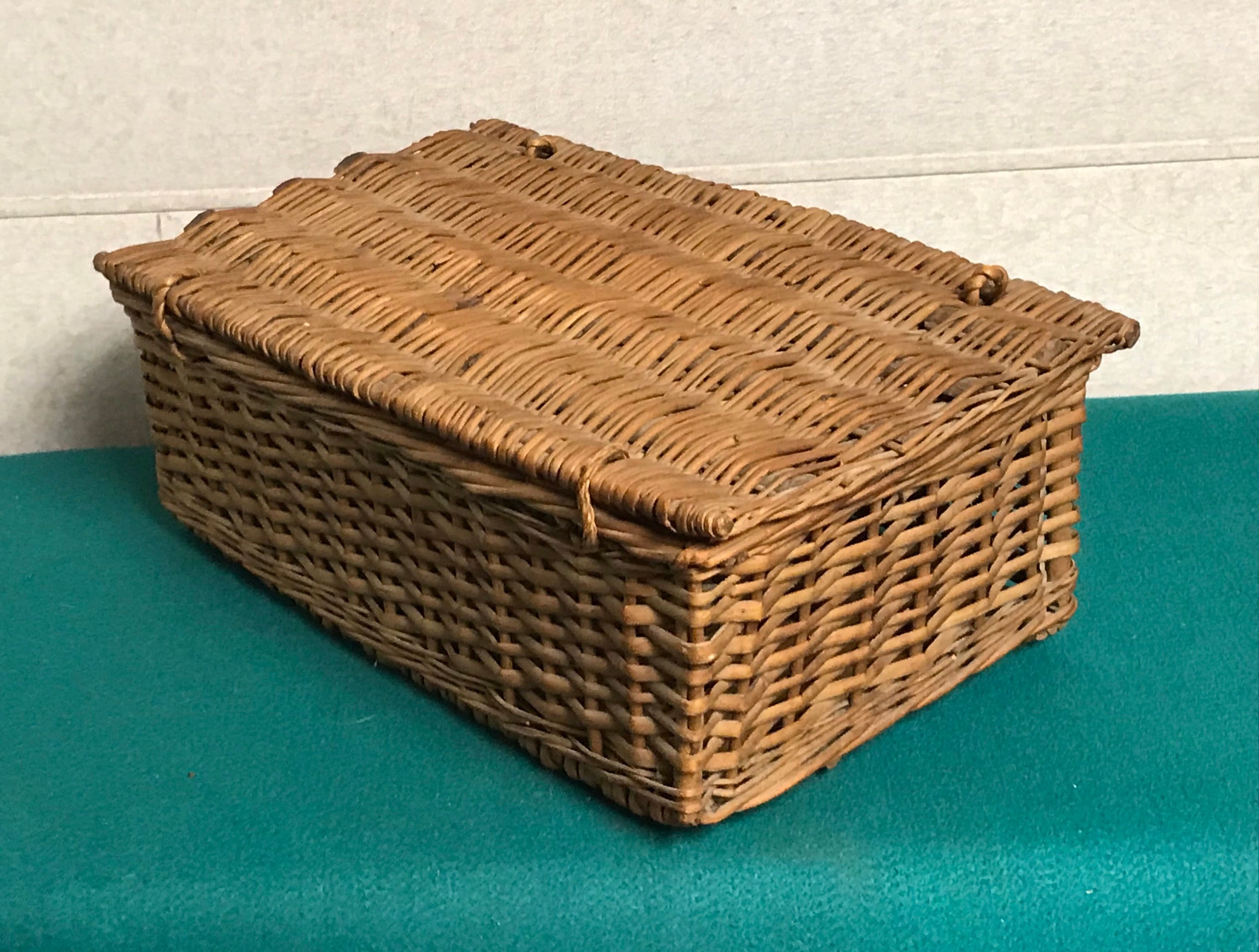 Vintage Wicker Rattan Basket with Hinged Lid, French Brocade Basket