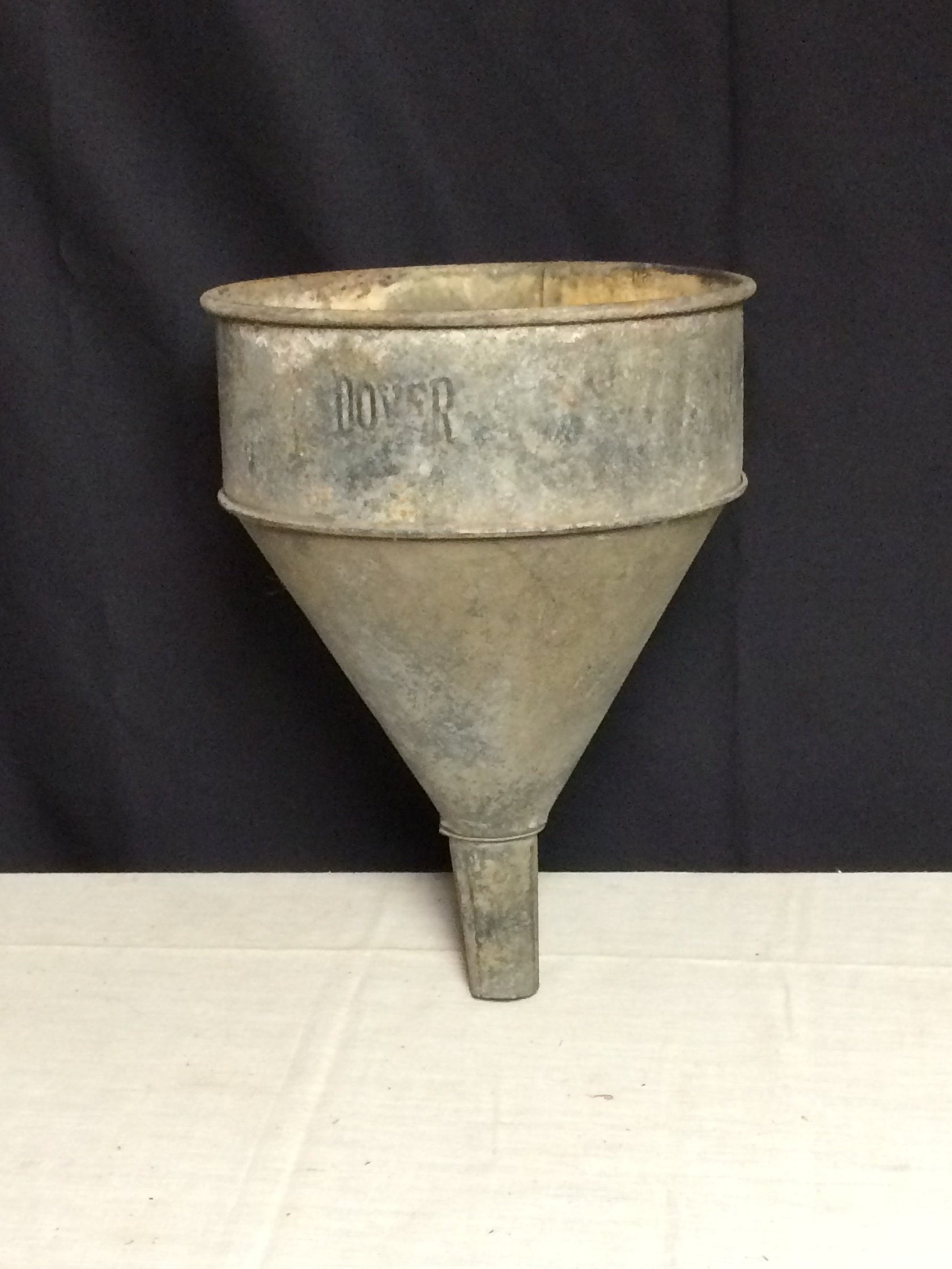 Large DOVER Industrial Galvanized Metal Funnel, Primitive Hanging Flower Pot, Farm Tool, Rustic