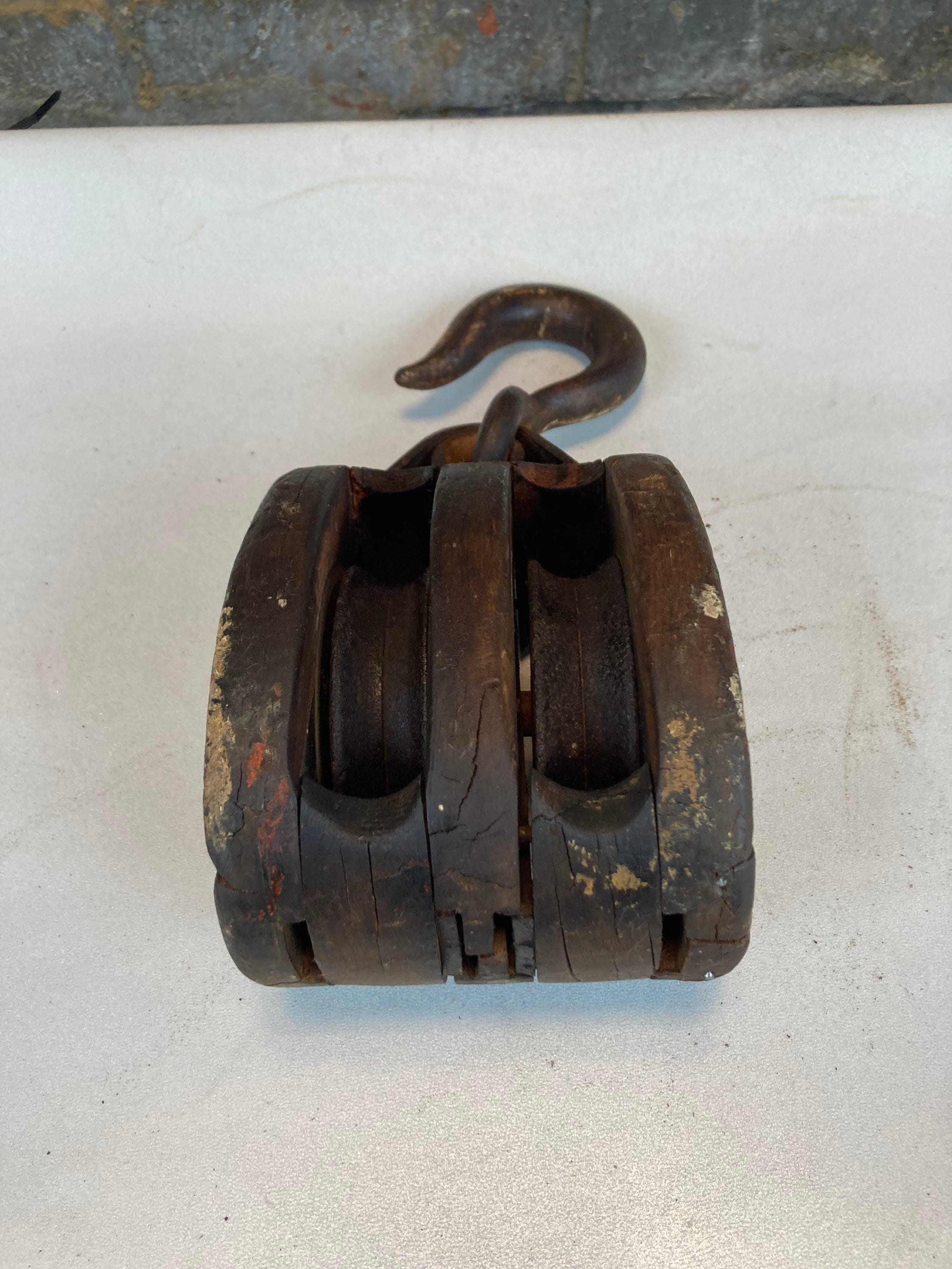 Vintage Double Wooden Block and Tackle Pulley with Large Iron Hook