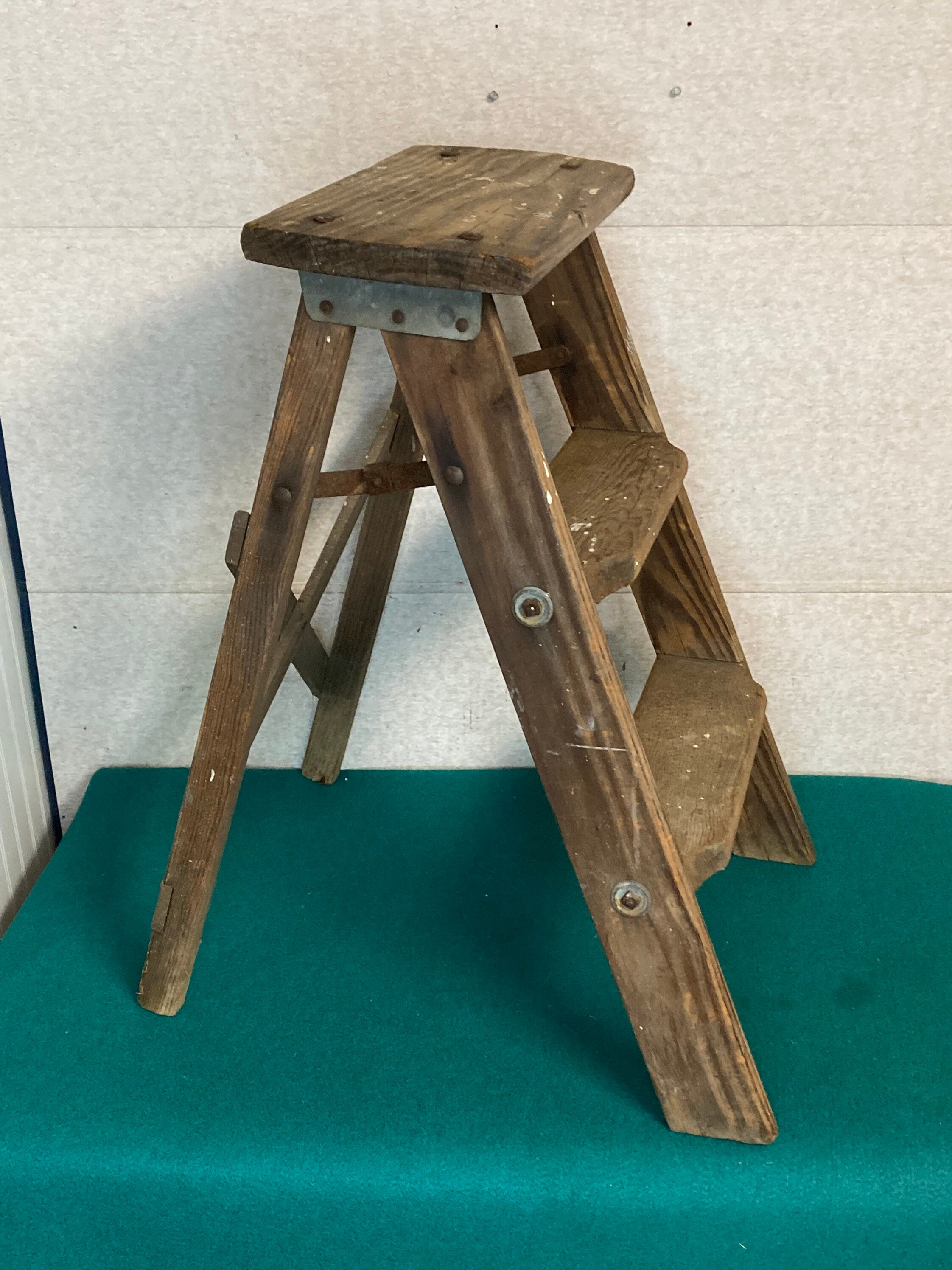 1960's Small Shabby Wooden Step Stool Ladder, Folding Step Stool