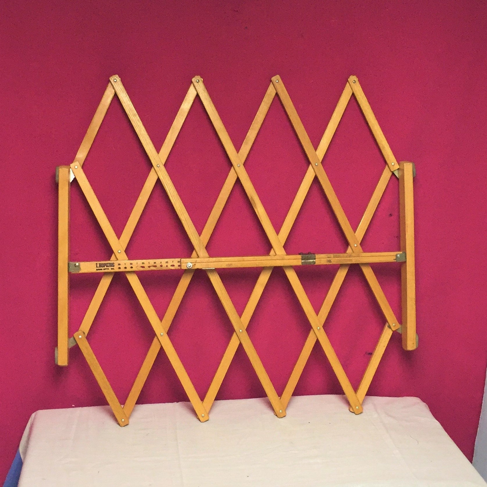Vintage L. HOPKINS Wooden Folding Expanding Gate, Accordion Gate, Old Scissors Gate, Wall