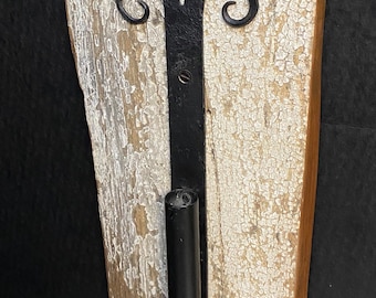 Wrought Iron Bud Vase Mounted On Barn Wood, Wall Pocket