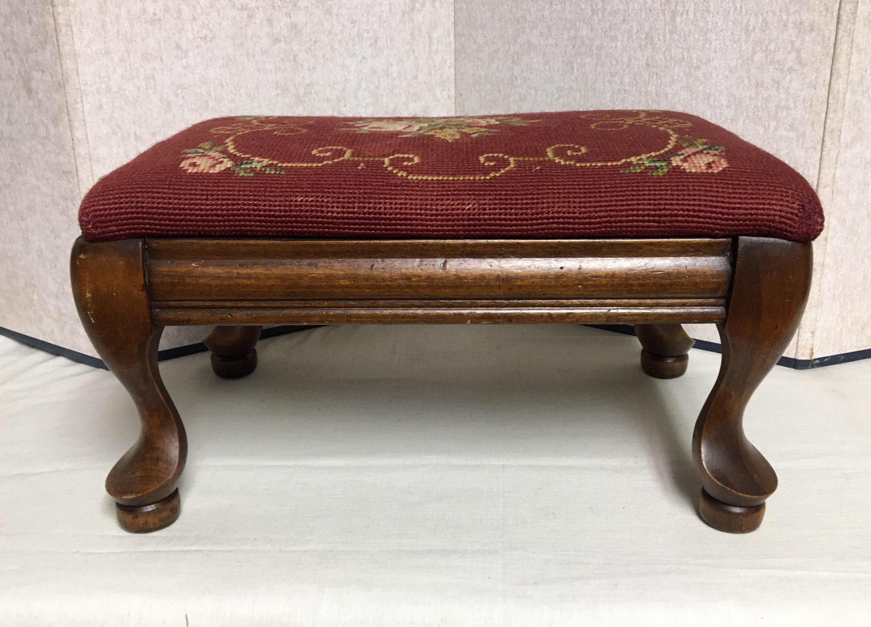 Antique Victorian Needlepoint Footstool, Queen Anne Style Wooden Stool