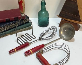 Vintage Set of 4 Primitive Kitchen Cooking Utensils, Red Wooden Handles, Ladle, Masher, whisk, Pastry Cutter