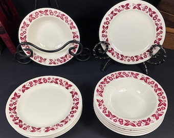 Homer Laughlin Dishes from 1950, Red Ivy and Flower Brittany Ware, Set of 12, 6 Bread and Butter Plates and 6 Fruit Bowls