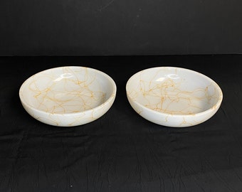 Hazel Atlas Milk Glass with Yellow / Butterscotch Spaghetti Drizzle Bowls, Set of Two (2) Fruit Bowls