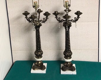 Set of 2 Mid Century Italian Table Lamps with Candelabra, Crystal Prisms, and Marble Bases,  Hollywood Regency