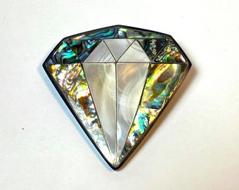 Mother of Pearl Abalone Inlaid in Black Resin Diamond Shaped Brooch / Pendant