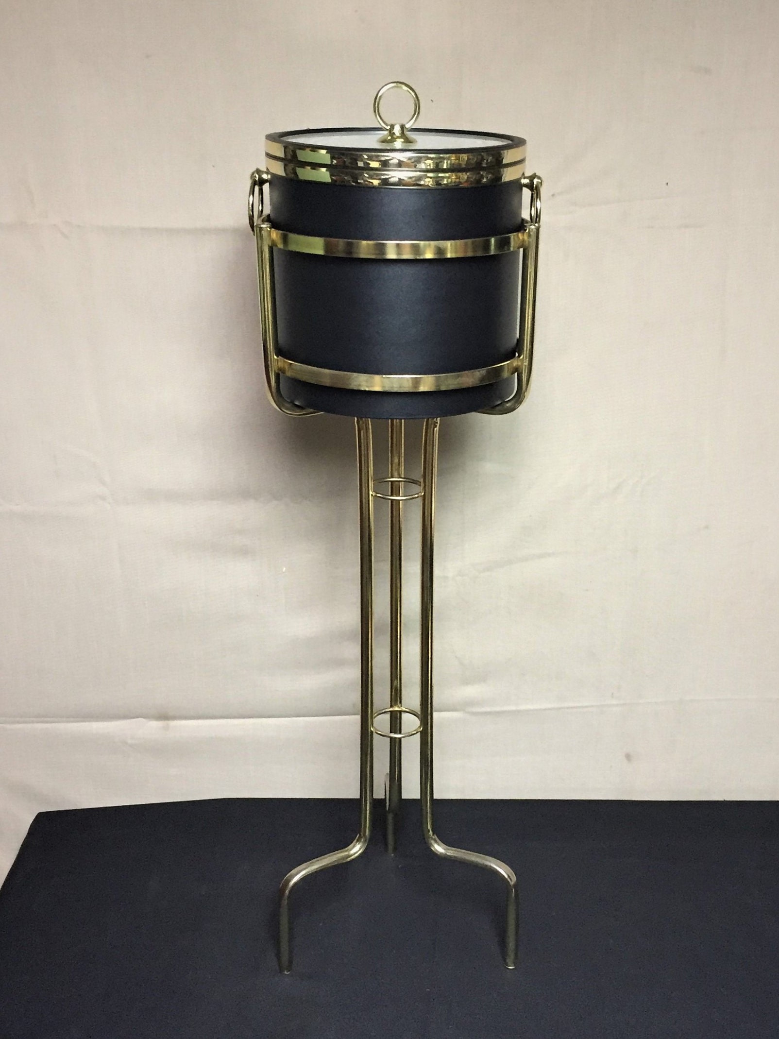 Black Vinyl Ice Bucket with Gold Tone Stand, Drulane Towle Company