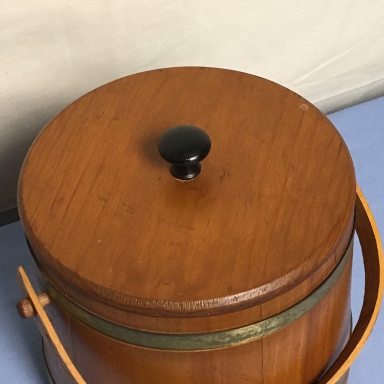 Mid Century Wooden Sewing Bucket with Removable Lid, Wood Sewing Basket, Firkin Style Barrel