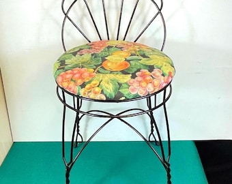 Mid Century Vanity Stool Chair, Twisted Wrought Iron Legs, Fabric Floral Top, Makeup Chair