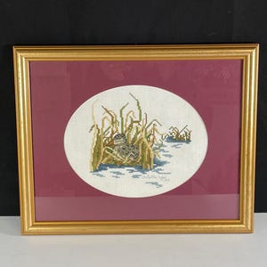 Female Duck in Reeds, Completed Counted Cross Stitch in Wood Frame