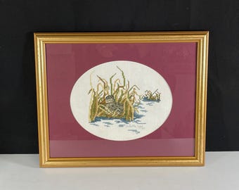 Female Duck in Reeds, Completed Counted Cross Stitch in Wood Frame