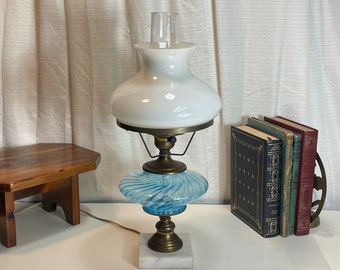 Fenton Victorian Hurricane Table Lamp, Opal Optic Blue Swirl