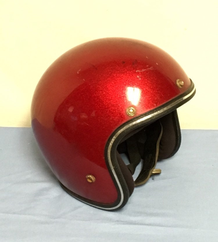 Royal Grant 1970's Red Glitter Motorcycle Helmet, Red Metallic Sparkle Open Face Helmet with