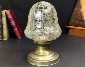 1950's Mid Century Brass Ceiling Light Fixture with Crackle Glass Globe Shade,  Surface Mount Hall Light