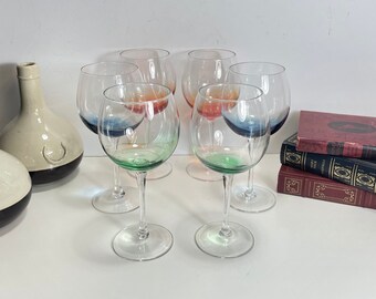 Hand Blown Balloon Wine Glasses, Set of Six (6) Multi Colored Glasses