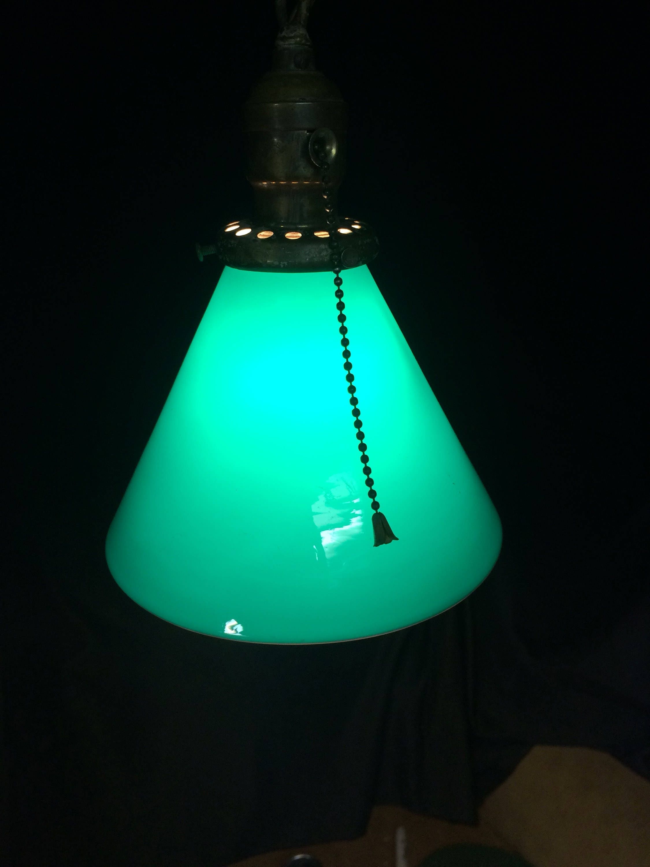 Vintage Small 7 Green Industrial Glass Pendant Light Fixture, Petite