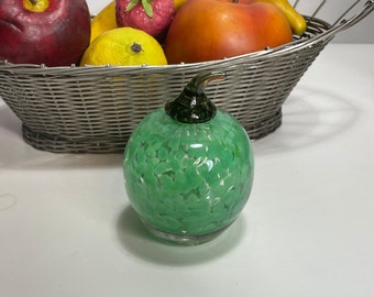 Art Glass Green Apple Paperweight, Speckled Green Glass Apple, Signed D. Frye