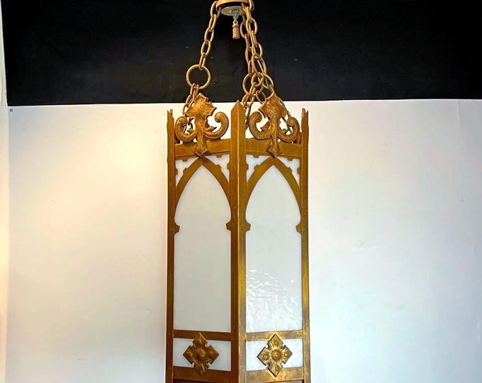 Featured listing image: Antique Church Pendant Light: Slag Glass & Brass, Gothic, REWIRED