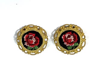 Petit Point Rose, Cross Stitch, Clip On Earrings