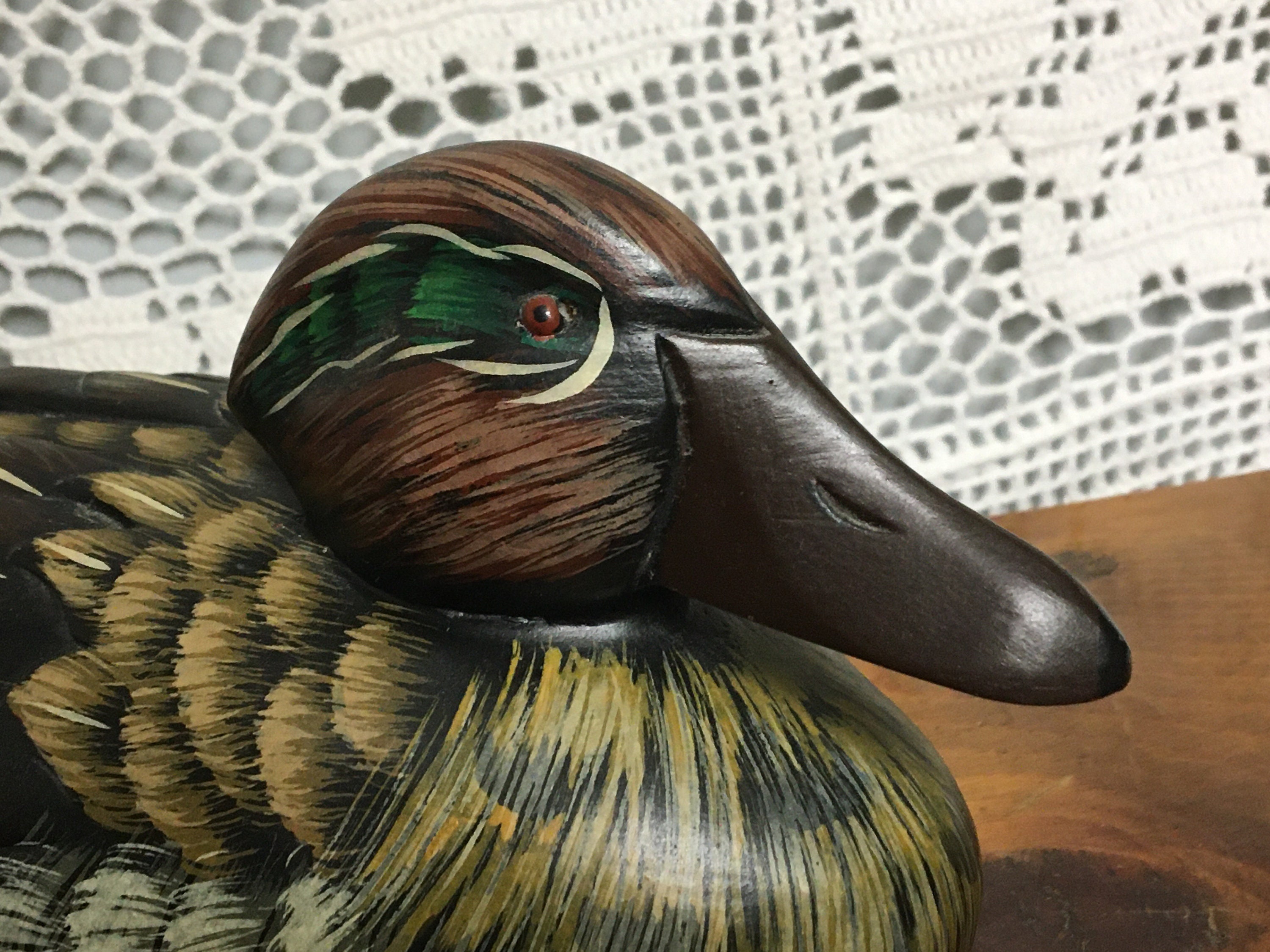 Wooden GreenWinged Teal Duck, Hand Carved, Drake, Small Duck Figurine