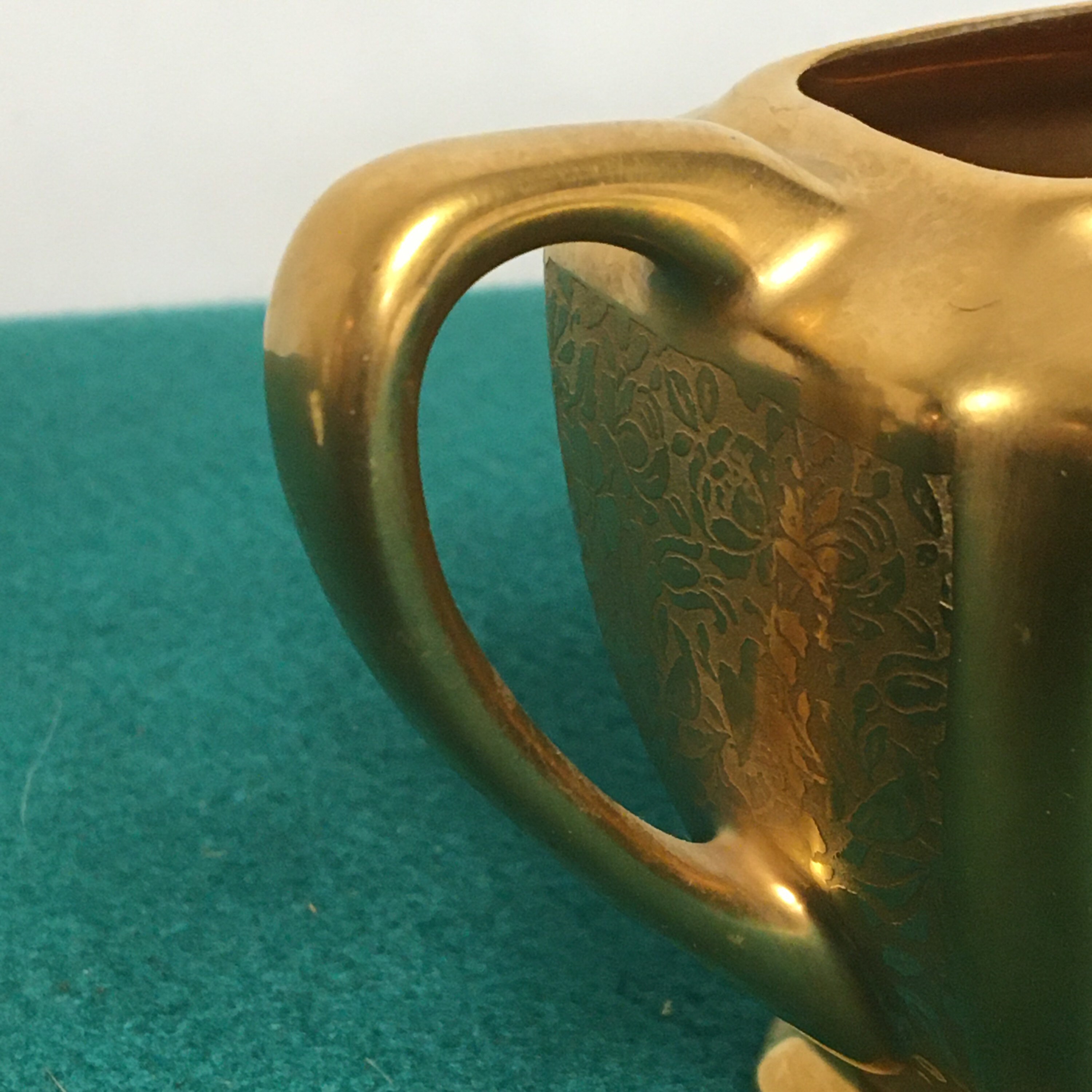 Wheeling Gold China Creamer, Sugar Bowl and Salt Shaker, Marked 1253