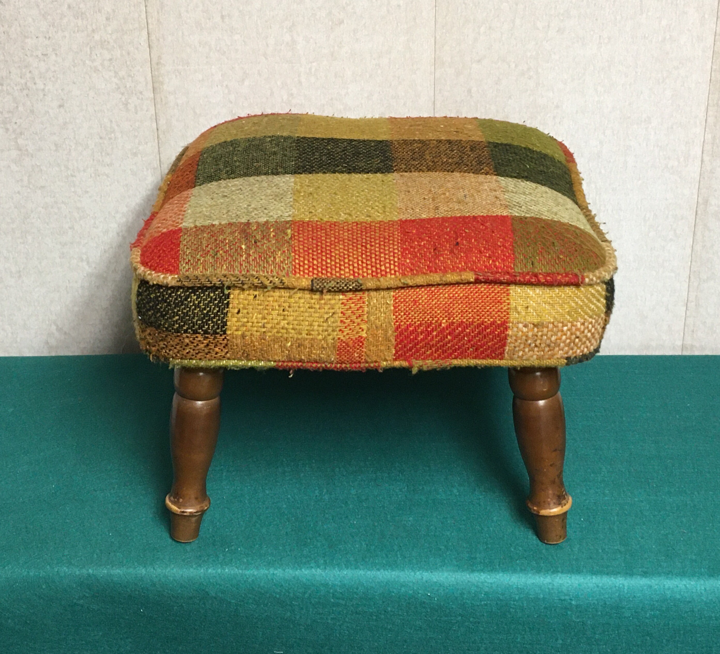 Mid Century Footstool with Upholstered Fabric Top, Plaid Padded Fabric
