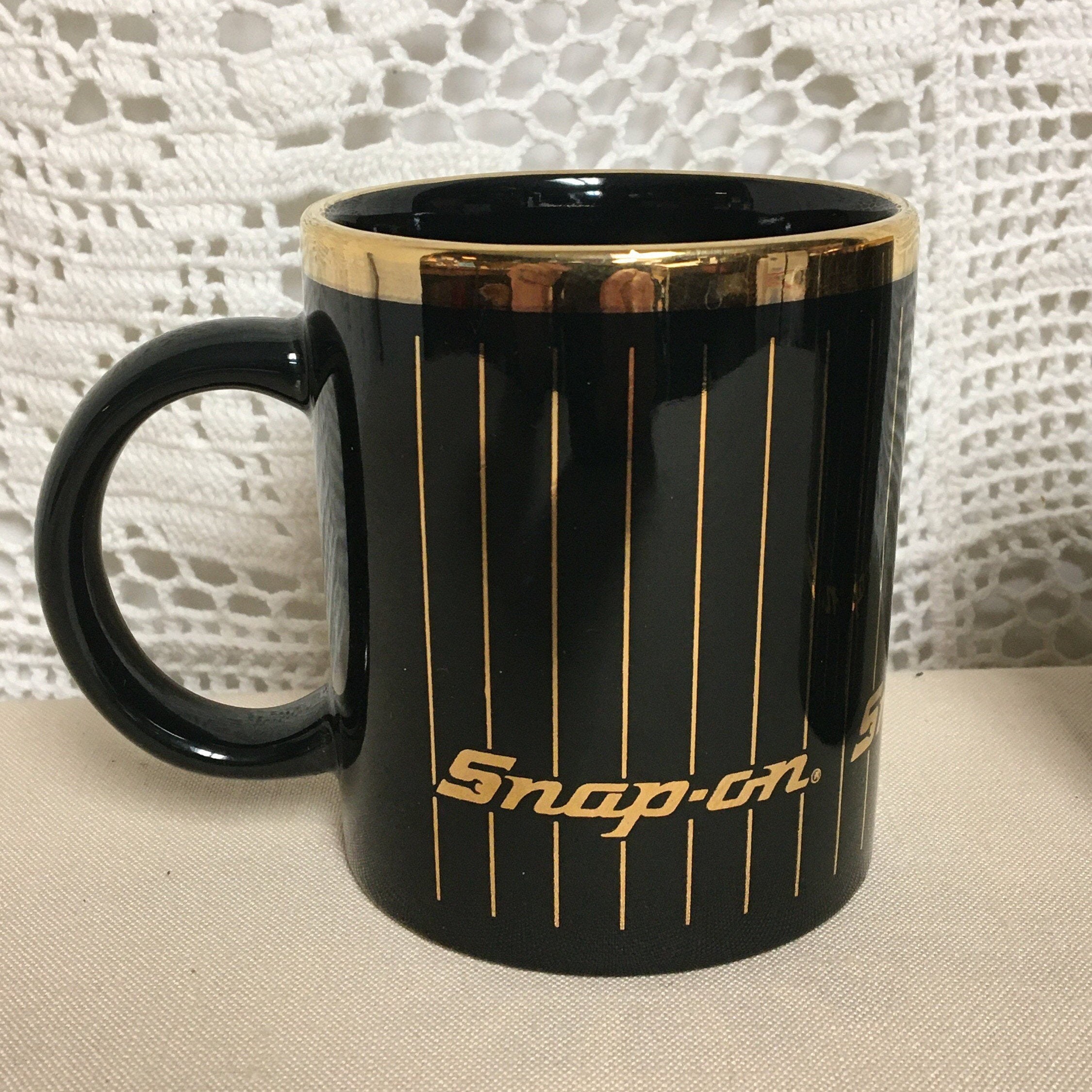Snap On Tools Coffee Mugs, Set of two (2), Promotional Mug, Black Mug with Gold Trim, Socket