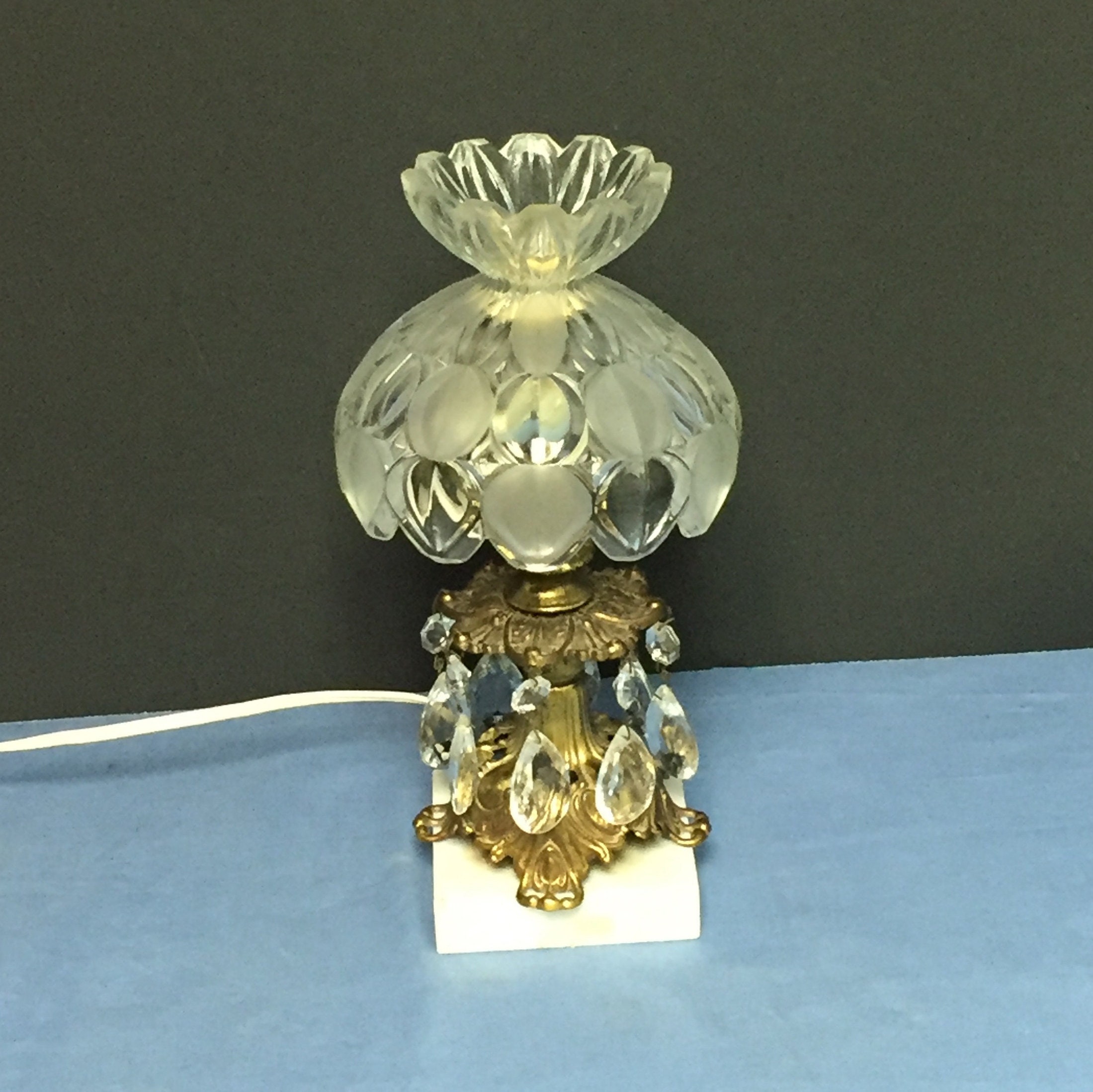 Petite Brass Boudoir Lamp with Crystal Prisms and Marble Base, Small