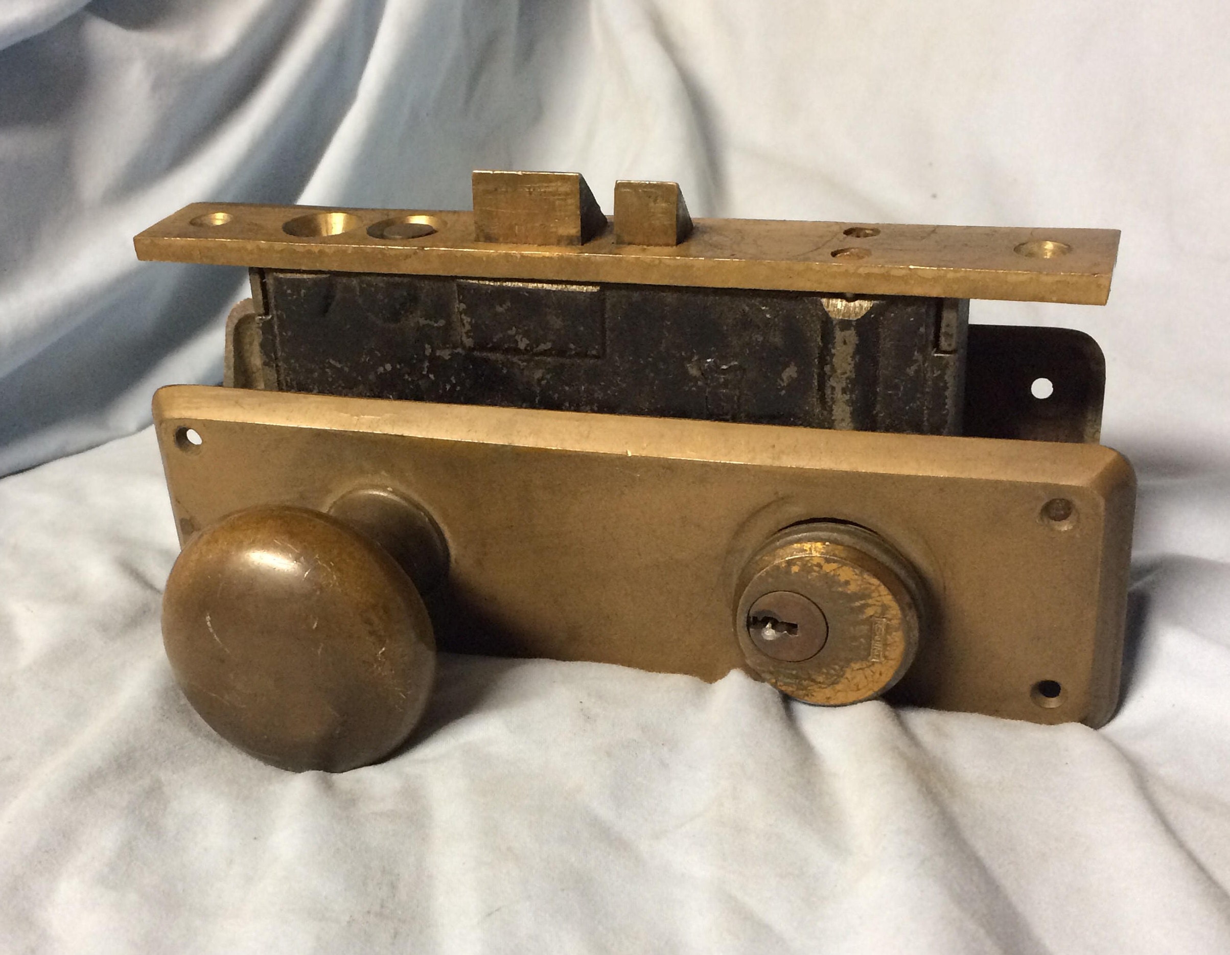 Vintage Reading BRASS Door Knob Latch Lock Set Mortise Lock with Key