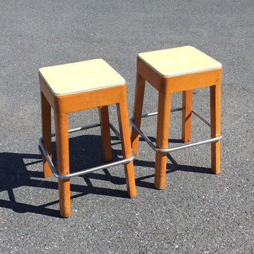 Two (2) Mid Century 24 Wooden Counter Stools, Chrome Footrest, Retro