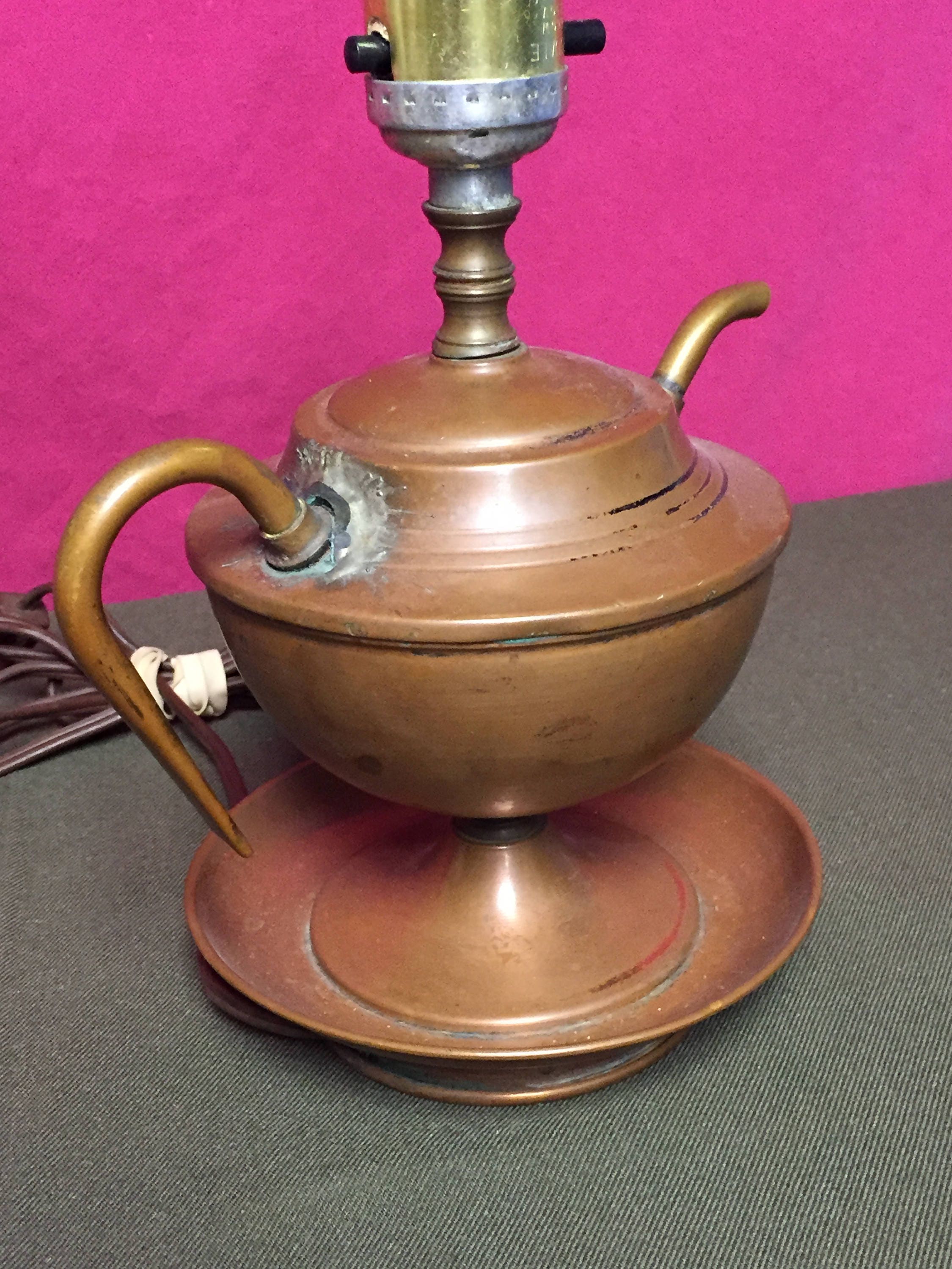 An Old Copper Oil Style Electric Table Lamp, Teapot Night Stand Lamp
