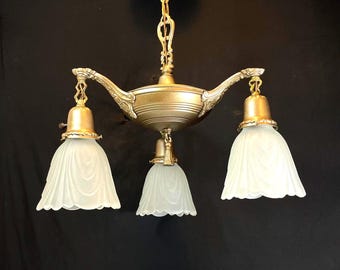 1930's Antique 3 Arm Brass Chandelier Ceiling Light Fixture Pan Light, with Embossed Shades
