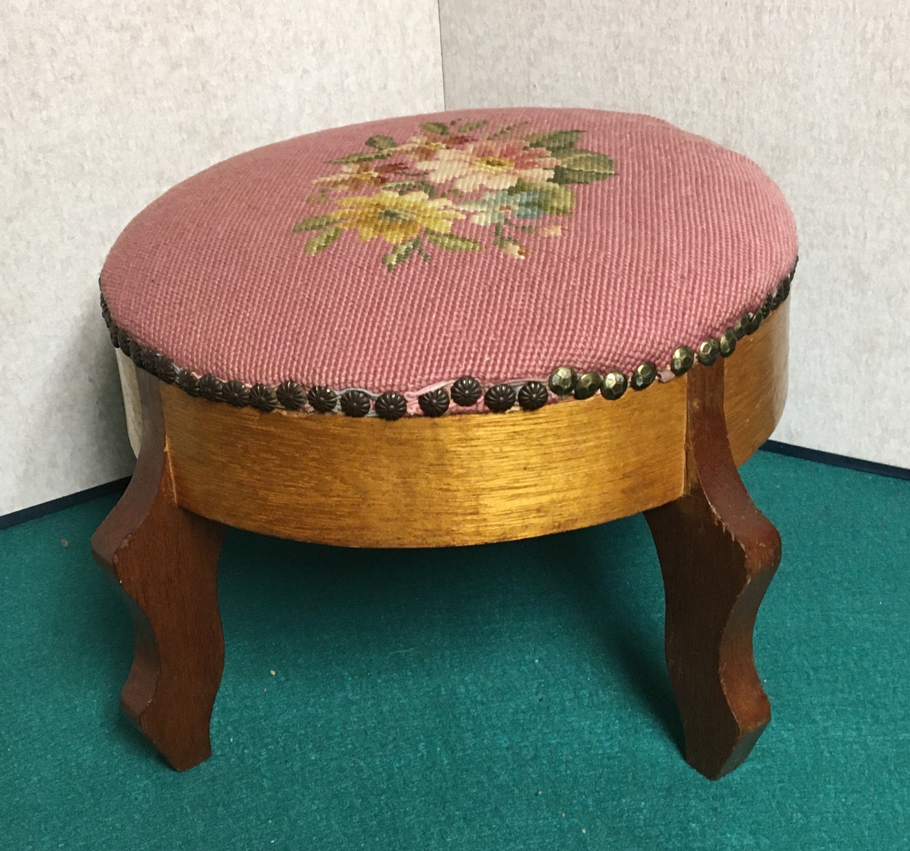 Round Needlepoint Footstool With Wood Base and Legs, Upholstered Top Wooden Foot Stool, Floral