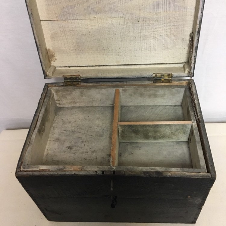 Antique Handmade Wooden Dovetail Tool Box with Lock and Key, Primitive