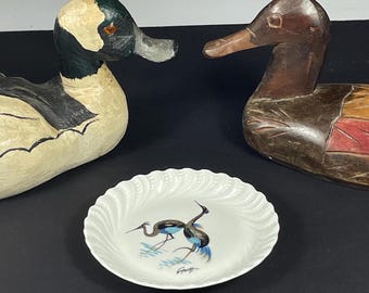 Limoges France, Small Trinket Dish with Blue Herons, Signed Grotti