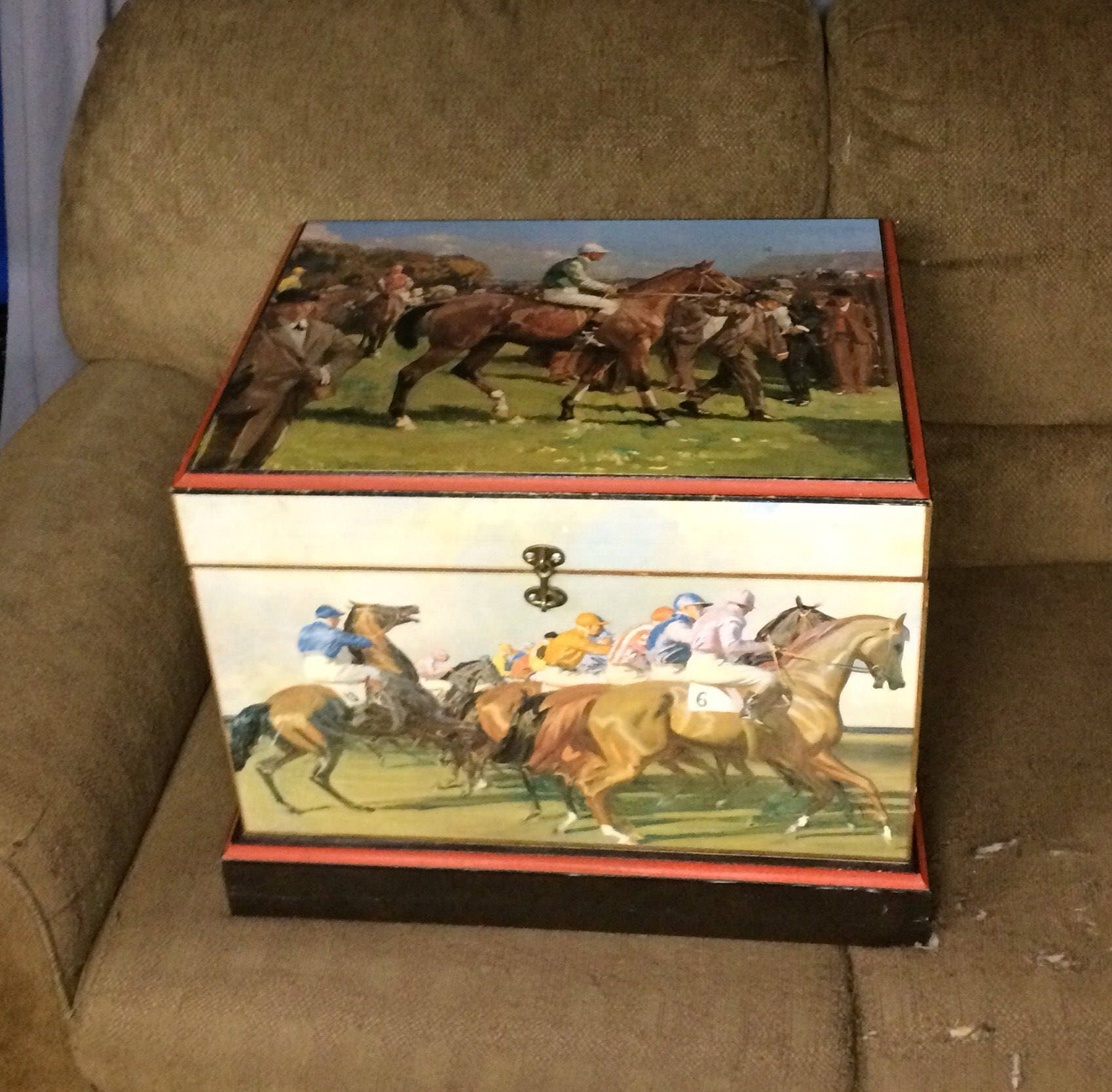 A Solid Wooden Horse Racing Trunk with Painted Horse Racing Scenes on