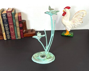 Brass Candle Holder, Birds in Flight, Cattails, Painted Teal / Green