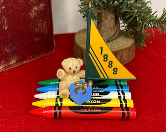 Crayola Crayon "Bright Journey", Bear on Crayon Boat, 1989 Hallmark Keepsake Ornament, Collector's Series,