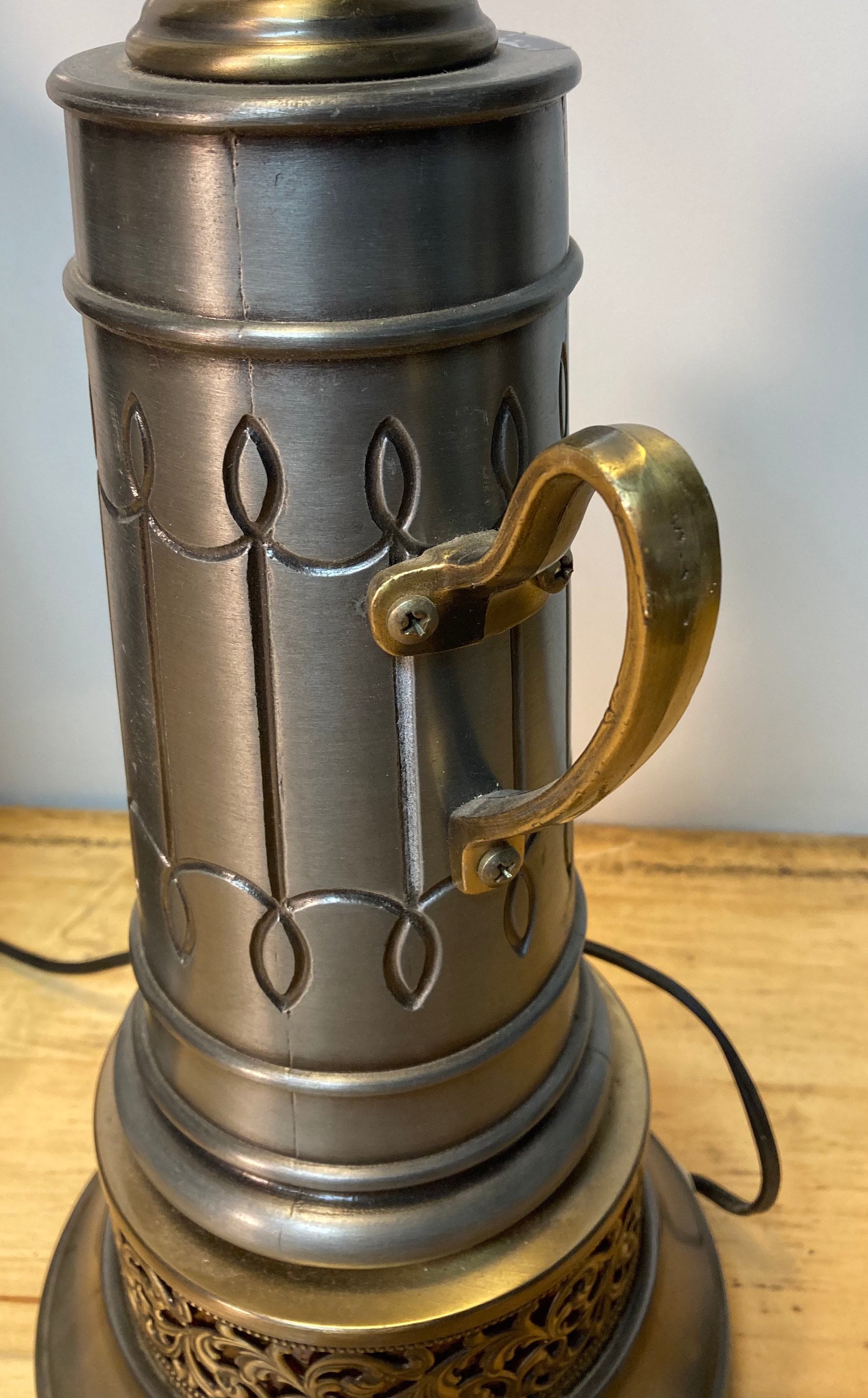 Pair of Mid Century Pewter Metal Pitcher Table Lamps with Amber Glass