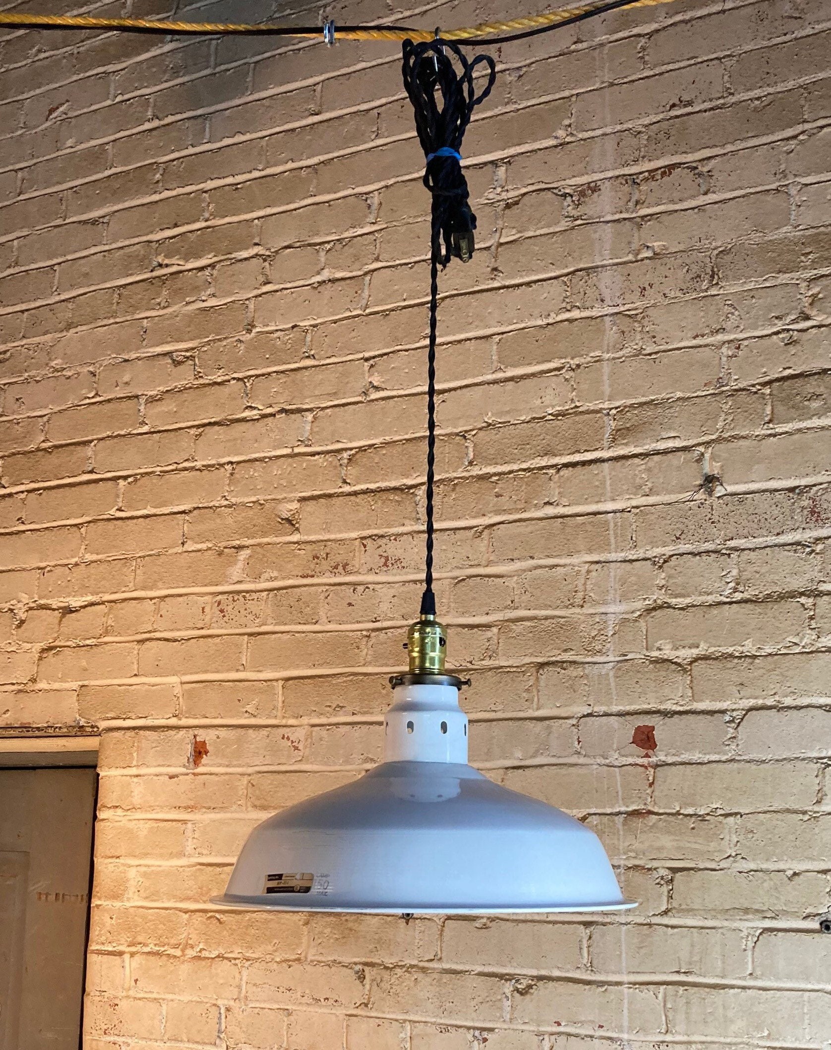 An Original 14 White Enamel Hanging Pendant Light Fixture with Braided