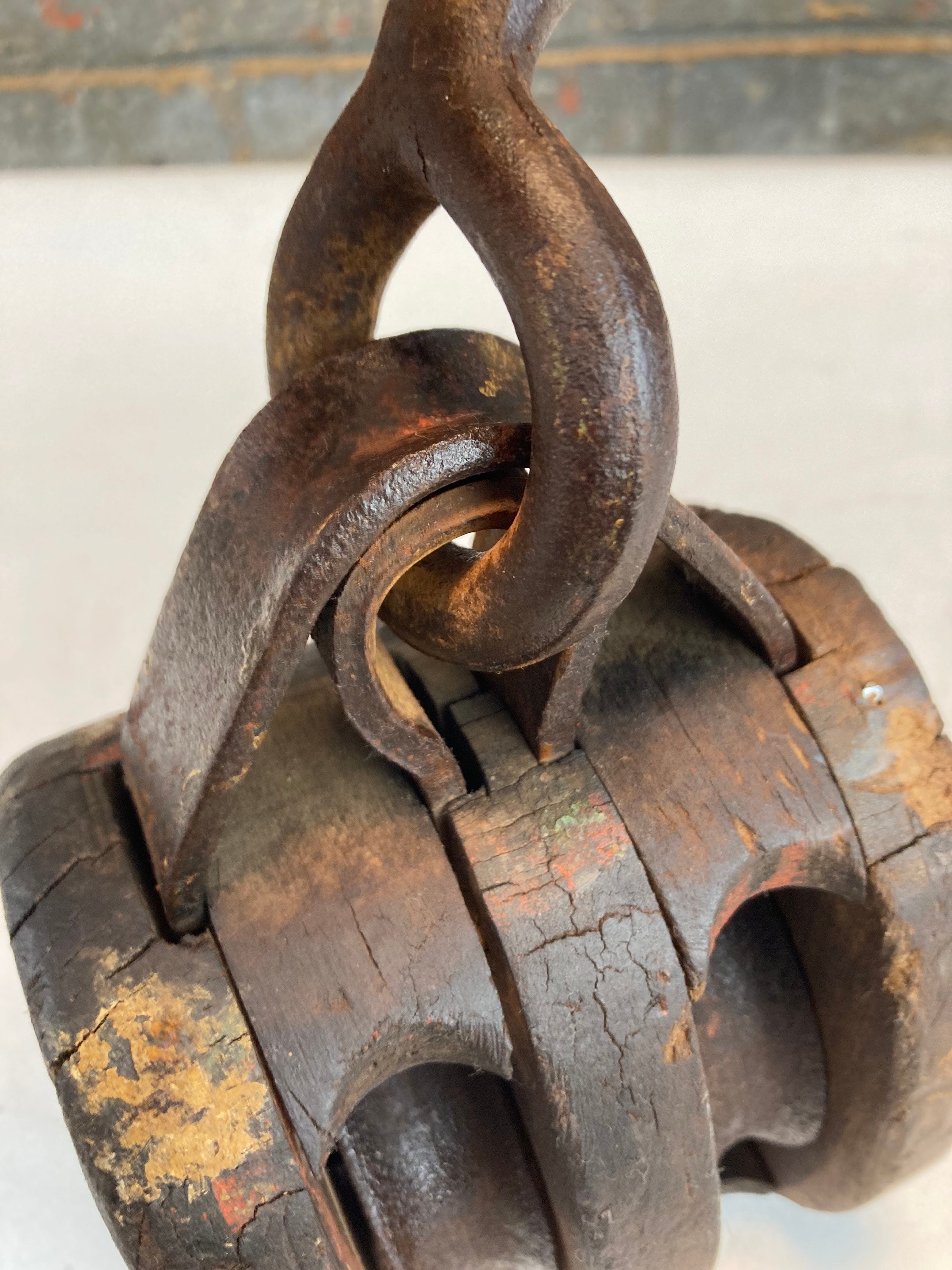 Vintage Double Wooden Block and Tackle Pulley with Large Iron Hook