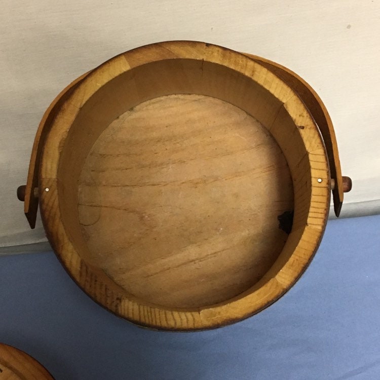 Mid Century Wooden Sewing Bucket with Removable Lid, Wood Sewing Basket, Firkin Style Barrel
