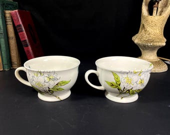 Set of 2 Anthropologie "Butterfly Study", Footed Mugs, White Azalea and Butterfly, 14 Ounce Footed Mug