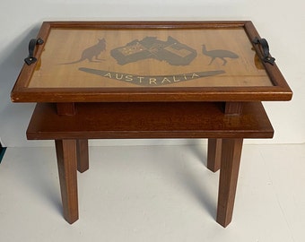 Unique Hand Crafted Mid Century Style Two Tier Table with Marquetry Top, Australia Inlaid Wood Tray Top